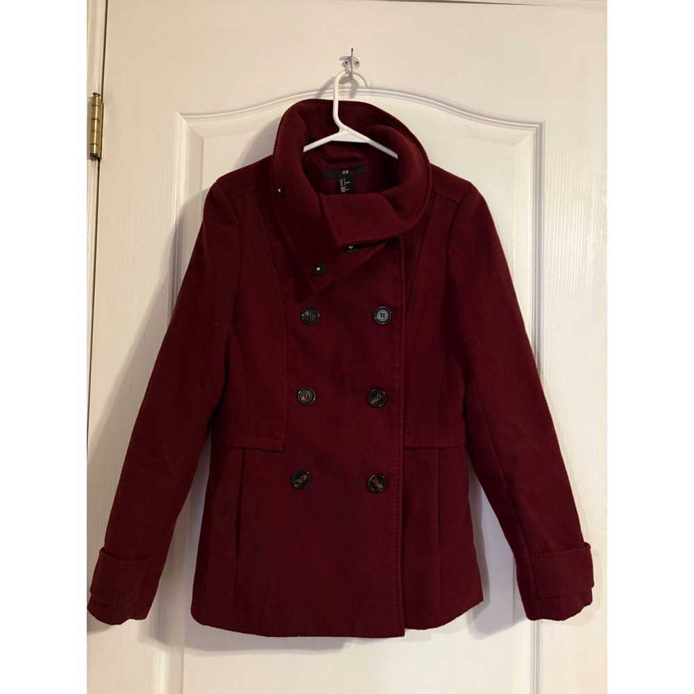 H&M Pea Coat Women Size 8 Burgundy Excellent Double Breasted Funnel Neck Jacket